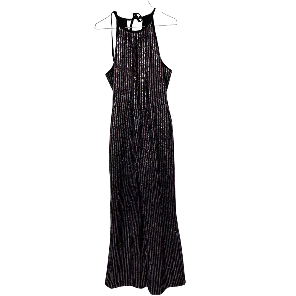 Maeve Anthropologie Sequin Striped Halter Wide Leg Jumpsuit Black Multi Size 4